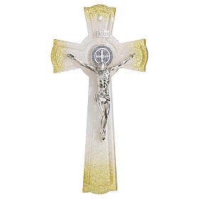 Cruz San Benito vidrio purpurina oro cuerpo metal 26x14 cm