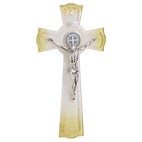 Cruz San Benito vidrio purpurina oro cuerpo metal 26x14 cm 1