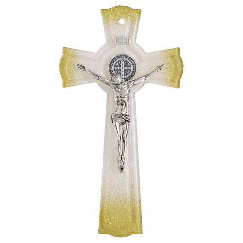 Cruz San Benito vidrio purpurina oro cuerpo metal 26x14 cm 4