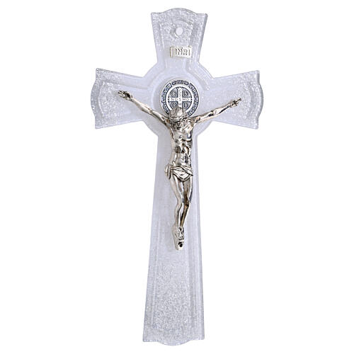 Crucifijo San Benito de vidrio purpurina medalla y cuerpo de metal 26x14 cm 1