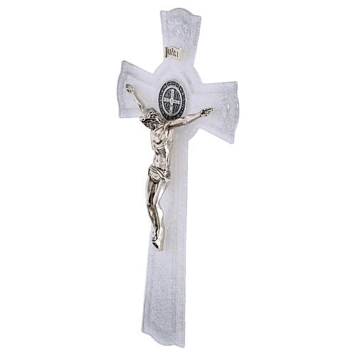 Crucifijo San Benito de vidrio purpurina medalla y cuerpo de metal 26x14 cm 3