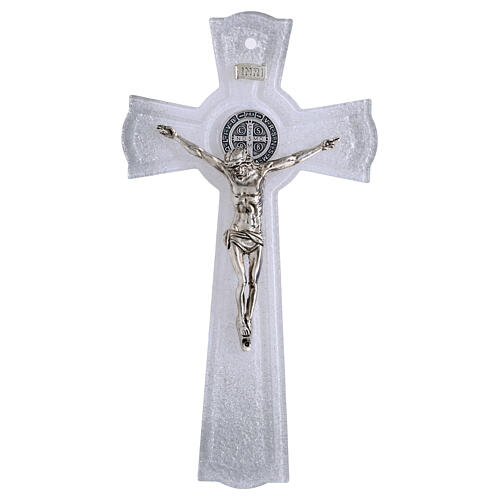 Cruz de São Bento em vidro com purpurina, medalha e corpo em metal 26x14 cm 4