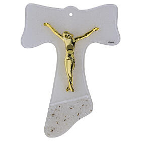 Cruz de parede Tau vidro corpo estilizado ouro 25x20 cm