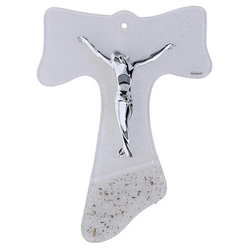 Croce Tau da muro in vetro corpo moderno argento 25x20 cm 1