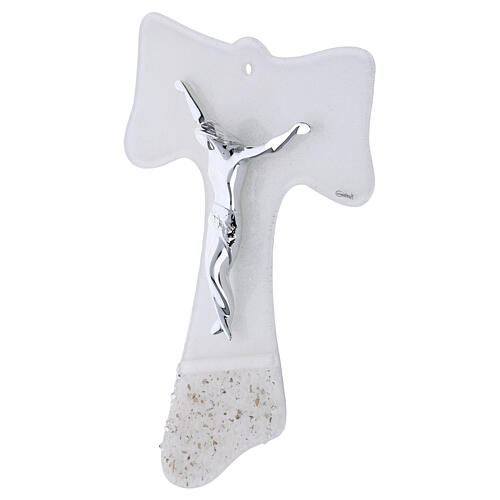 Cruz Tau de parede em vidro corpo moderno prateado 25x20 cm 2