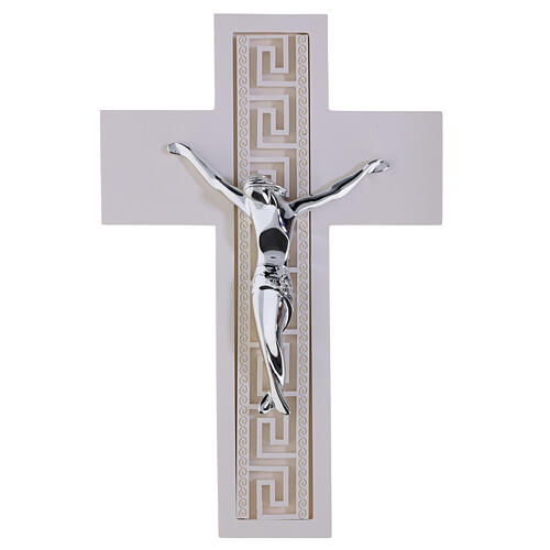 White crucifix with Greek decoration and modern silver body, 10x6.5 in 1