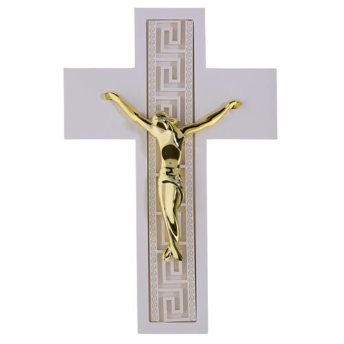 White crucifix with Greek decoration and stylised golden body, 10x6.5 in 1