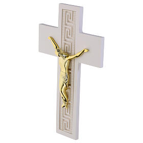 Crucifixo branco com decoração grega corpo estilizado dourado 25x16 cm