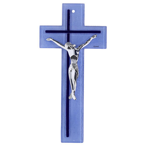 Croix en verre bicolore bleu ciel et bleu nuit corps moderne argenté 34x16 cm 1