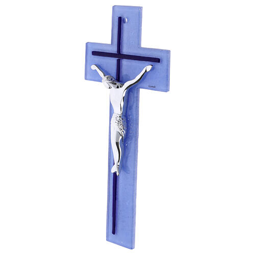 Cruz em vidro bicolor azul claro e escuro com corpo moderno prateado 34x16 cm 3