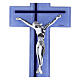 Cruz em vidro bicolor azul claro e escuro com corpo moderno prateado 34x16 cm s2