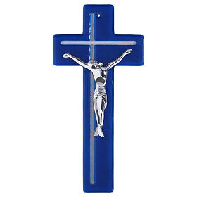 Croix double bicolore bleue et blanche corps moderne argenté 34x16 cm