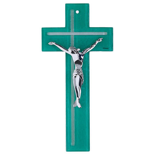 Emerald green glass cross with modern silver body, glittered, 13x6 in 1