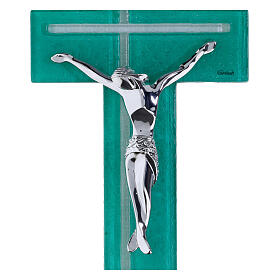Cruz em vidro verde esmeralda com purpurina e corpo moderno prateado 34x16 cm