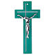 Cruz em vidro verde esmeralda com purpurina e corpo moderno prateado 34x16 cm s1