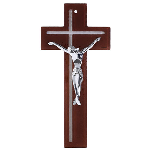 Burgundy glass cross with modern silver body, 13x6 in 1