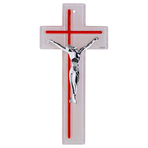 Cruz doble bicolor blanco rojo 34x16 cm vidrio cuerpo plateado moderno 1