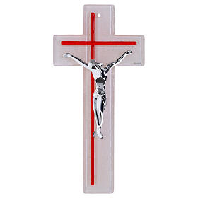 Cruz dupla vermelha e branca 34x16 cm, vidro com corpo prateado moderno