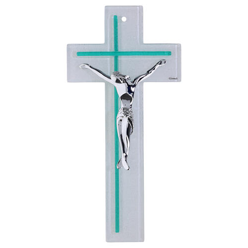 Double white and emerald glass cross with modern silver body, 13x6 in 1