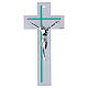 Double white and emerald glass cross with modern silver body, 13x6 in s1