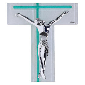 Cruz dupla vidro bicolor branco esmeralda corpo moderno prateado 34x16 cm