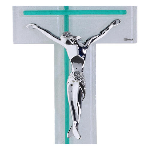 Cruz dupla vidro bicolor branco esmeralda corpo moderno prateado 34x16 cm 2