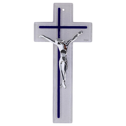 Cruz dupla bicolor 34x16 cm em vidro com corpo prateado moderno 1