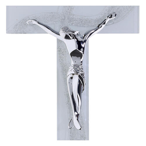 Croix en verre blanc avec vague argentée et corps moderne argenté 34x18 cm 2