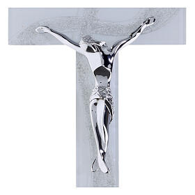 Cruz em vidro branco com onda de purpurina prateada e corpo moderno, 34x18 cm