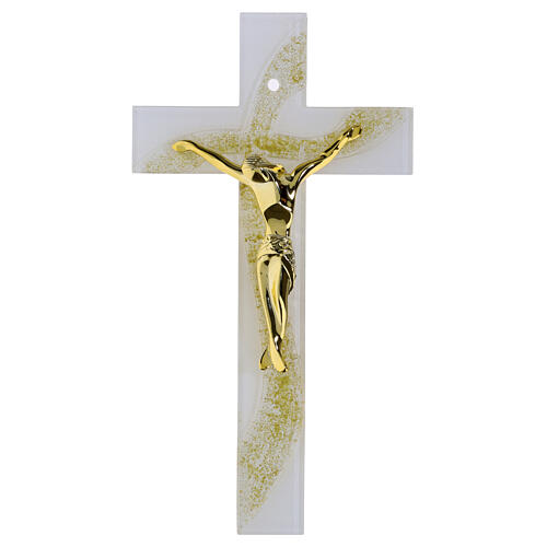 Kruzifix aus weißem Glas mit wellenförmigem Reliefdekor und Goldglitter sowie modernem, goldfarbenem Korpus – 34 × 18 cm 1