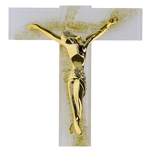 Croix en verre blanc avec vague pailletée or et corps moderne doré 34x18 cm 2