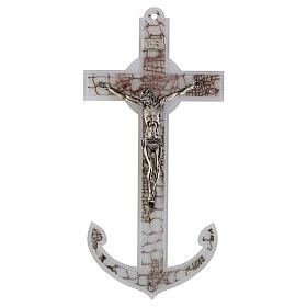 Double anchor-shaped glass crucifix with metal body, net pattern, 13x6 in