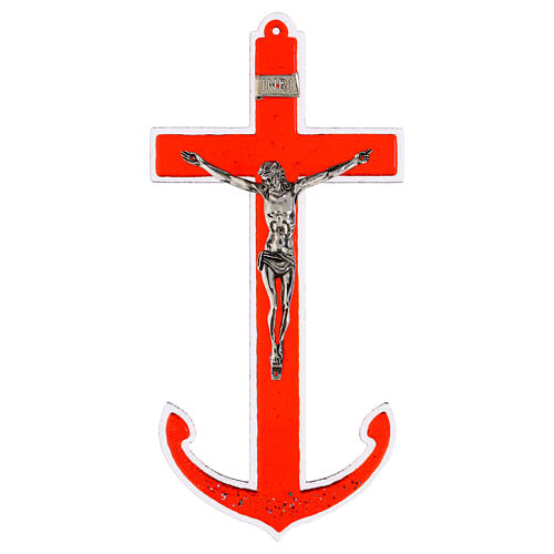 Red glass anchor-shaped cross with metal body, 13x6 in 1