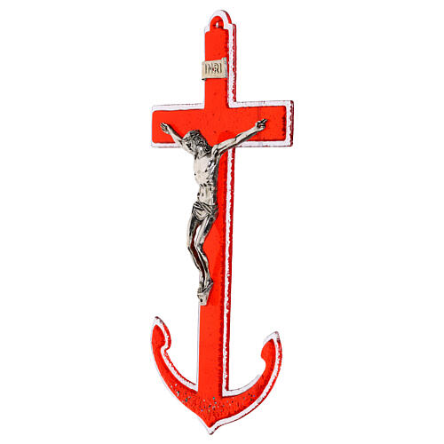 Red glass anchor-shaped cross with metal body, 13x6 in 3