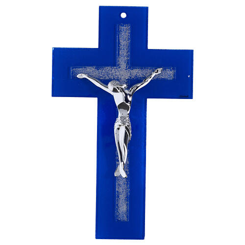 Croce in vetro blu con glitter argento e corpo moderno argentato 34x20 cm 1