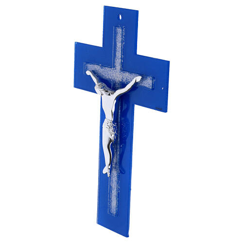 Croce in vetro blu con glitter argento e corpo moderno argentato 34x20 cm 3