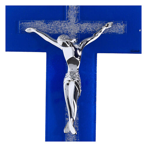 Cruz de vidro azul com purpurina prateada e corpo moderno prateado 34x20 cm 2