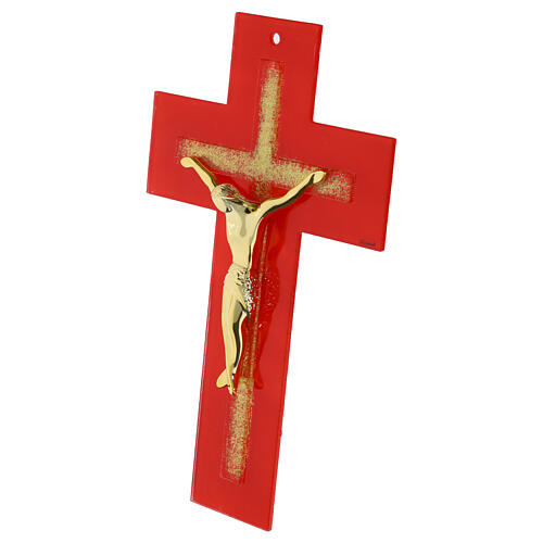 Double red glass crucifix with glitter and gold body, 13x8 in 2