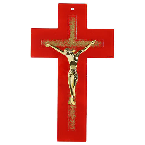 Crucifix double verre rouge paillettes et corps doré 34x20 cm 1