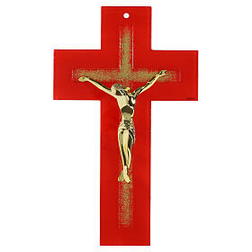Cruz dupla de vidro vermelho com purpurina e corpo dourado 34x20 cm