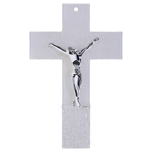 Cruz Árvore da Vida em vidro branco com corpo moderno prateado 34x22 cm 1