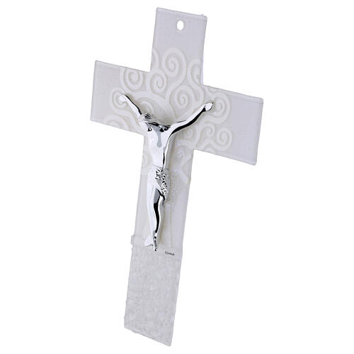 Cruz Árvore da Vida em vidro branco com corpo moderno prateado 34x22 cm 2