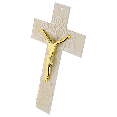 Kruzifix mit Baum des Lebens aus weißem Glas mit Goldglitter und modernem, goldfarbenem Korpus – 34 × 22 cm 3