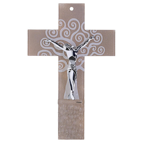 Cruz Árbol de la Vida vidrio beige moderno plata 34x22 cm 1