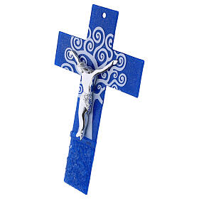 Cruz em vidro azul Árvore da Vida com corpo prateado 26x22 cm