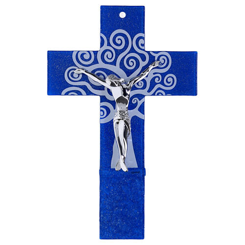 Blue Glass Tree of Life Cross with Modern Silver Body, 26x22 cm 1
