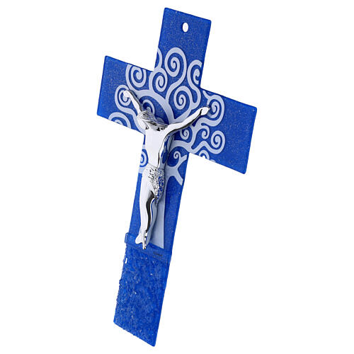 Blue Glass Tree of Life Cross with Modern Silver Body, 26x22 cm 2
