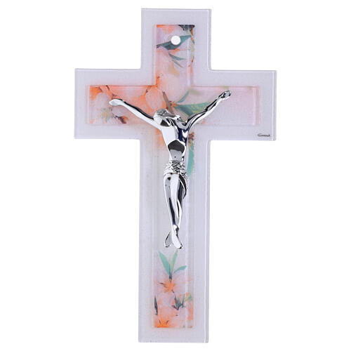 Double glass crucifix with floral decoration, 13x8 in, modern silver body 1