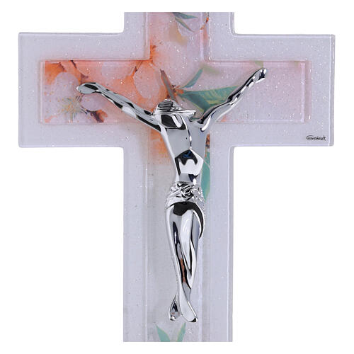 Croix double en verre décor floral 34x20 cm corps argenté moderne 2