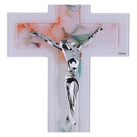 Crucifixo duplo em vidro com decoração floral e corpo moderno prateado 34x20 cm